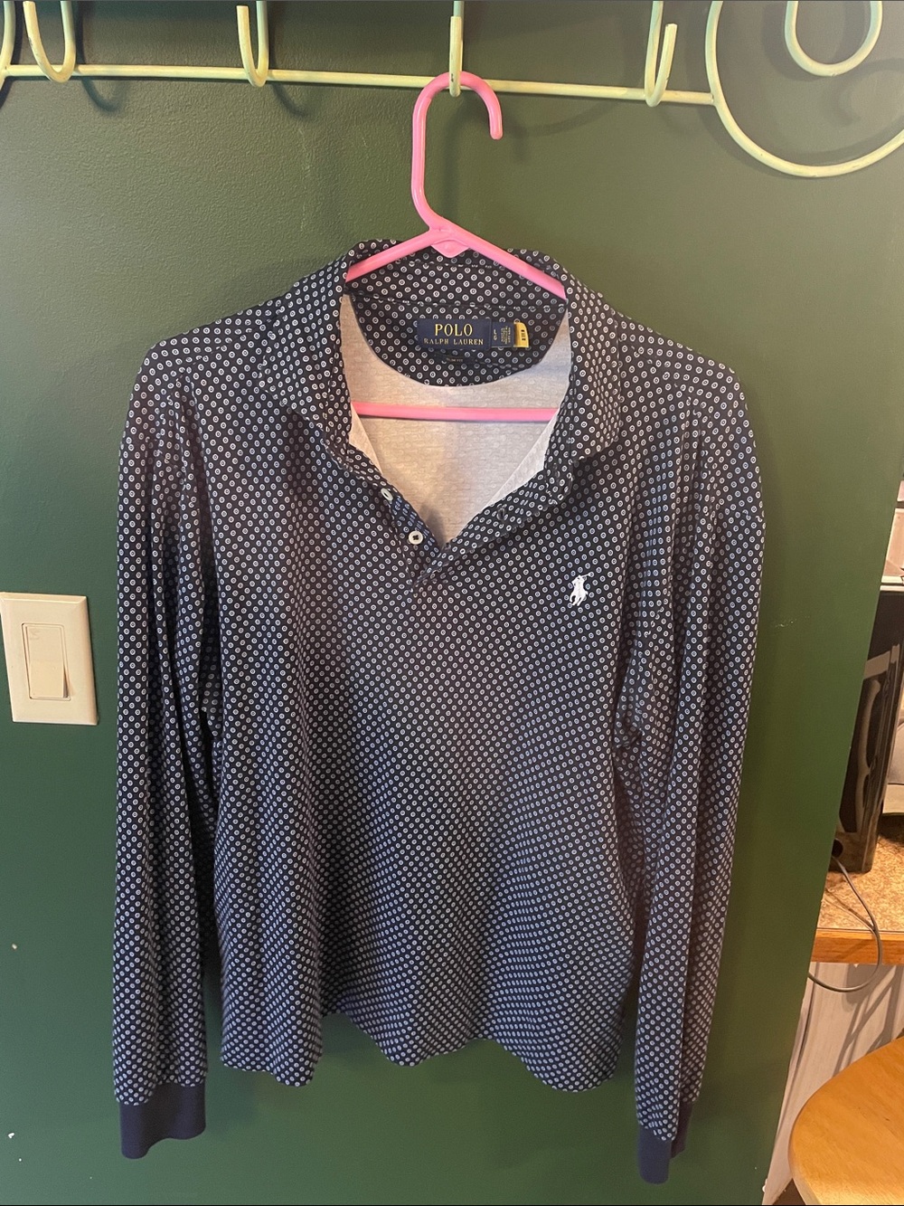 Polo By Ralph Lauren Long Sleeve Polo Slim Fit Stretch Blue Geometric Size Large